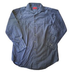 Alfani Shirt Sz 15 32/33 Fitted Stretch Fabric Black Blue Stripes Work Mens